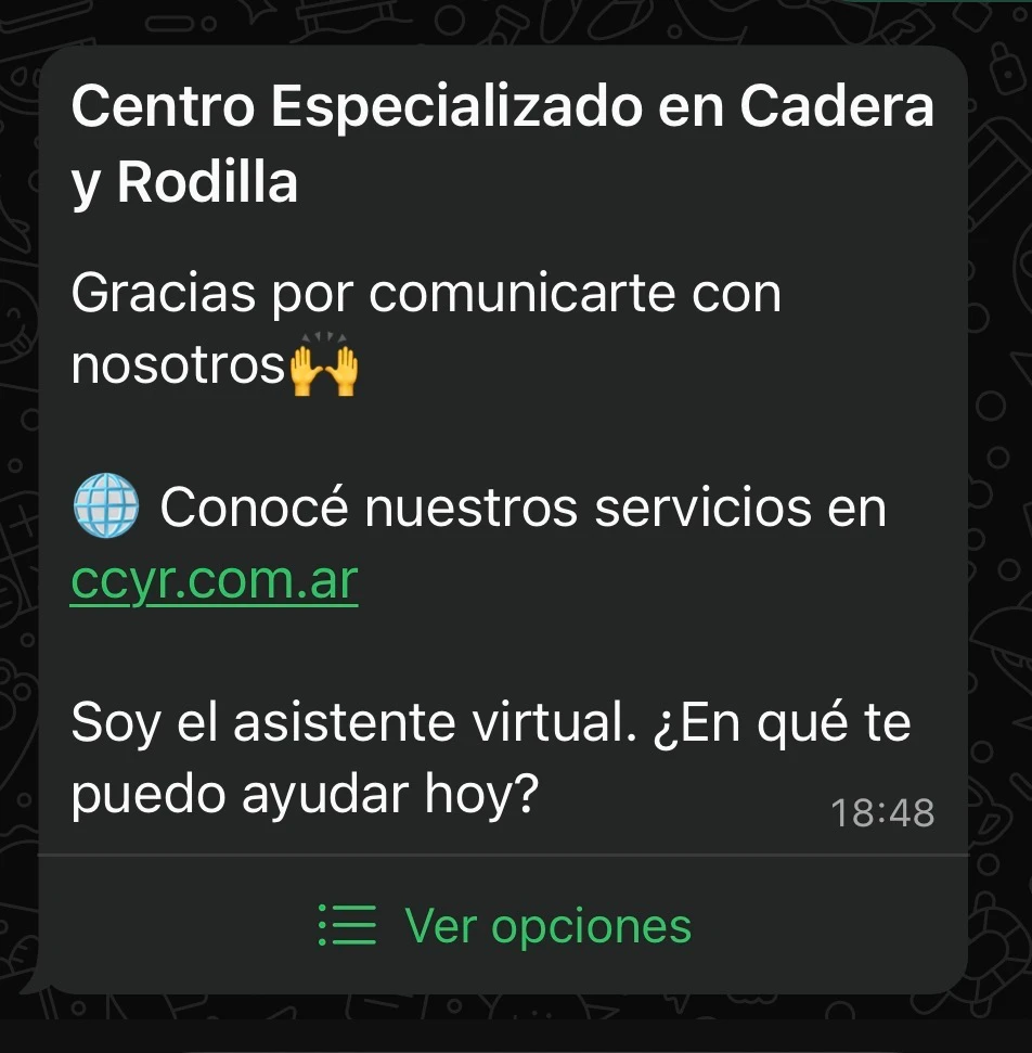 Saludo inicial del bot de WhatsApp de CCYR