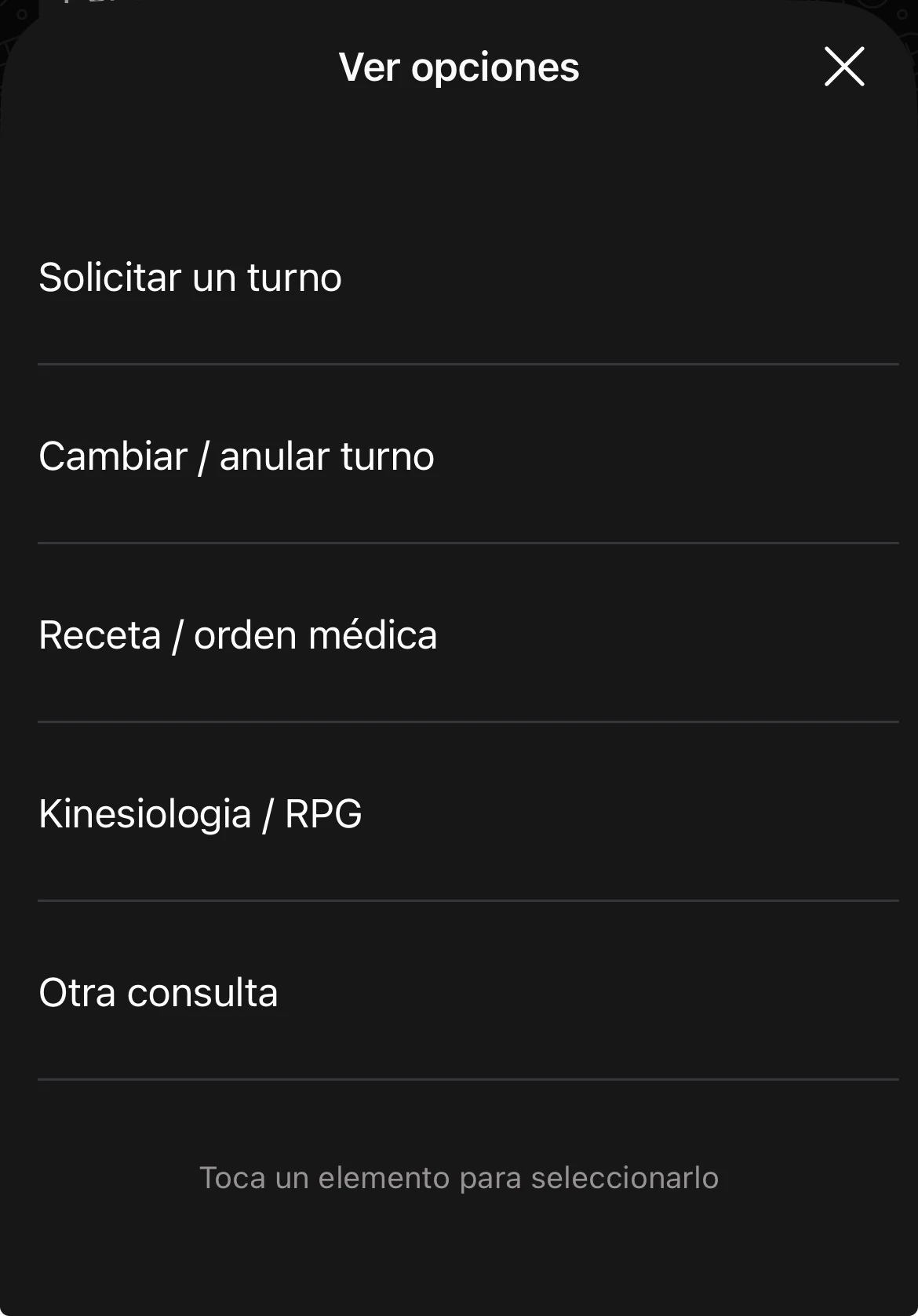 Menú principal del bot: solicitar turno, cambiar o anular, receta, kinesiología u otra consulta
